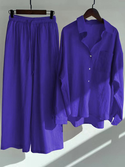 Pamučne lanene košulje Široke hlače s elastičnim strukom Ženski ležerni kompleti Elegantna labava majica s reverima dugih rukava Jesenska košulja 2022. Y2k odijelo