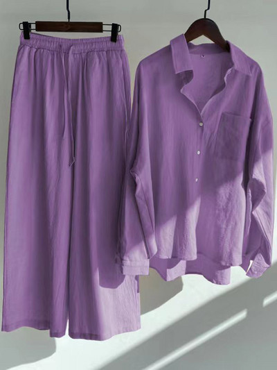 Pamučne lanene košulje Široke hlače s elastičnim strukom Ženski ležerni kompleti Elegantna labava majica s reverima dugih rukava Jesenska košulja 2022. Y2k odijelo