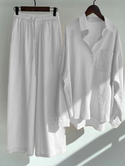 Pamučne lanene košulje Široke hlače s elastičnim strukom Ženski ležerni kompleti Elegantna labava majica s reverima dugih rukava Jesenska košulja 2022. Y2k odijelo