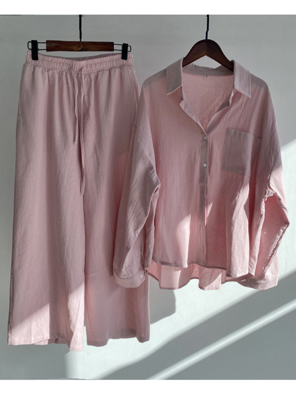 Pamučne lanene košulje Široke hlače s elastičnim strukom Ženski ležerni kompleti Elegantna labava majica s reverima dugih rukava Jesenska košulja 2022. Y2k odijelo