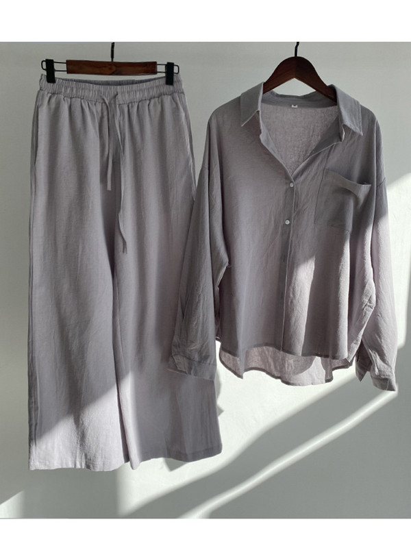 Pamučne lanene košulje Široke hlače s elastičnim strukom Ženski ležerni kompleti Elegantna labava majica s reverima dugih rukava Jesenska košulja 2022. Y2k odijelo