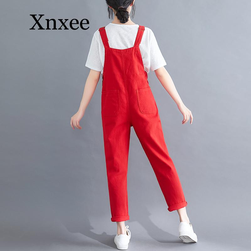 Punased teksased Kombinesid Teksad Naistele Bib Denim Püksid Kombinesoonid Kombinesoonid Naine vabaaja taskud Pikad lahtised poiss-sõbra teksapüksid