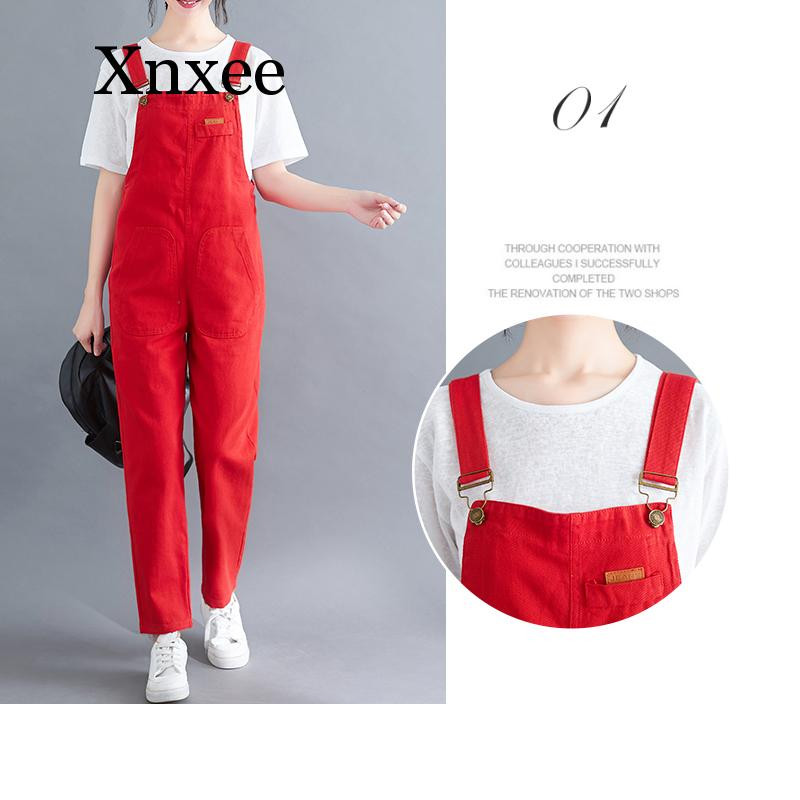 Punased teksased Kombinesid Teksad Naistele Bib Denim Püksid Kombinesoonid Kombinesoonid Naine vabaaja taskud Pikad lahtised poiss-sõbra teksapüksid