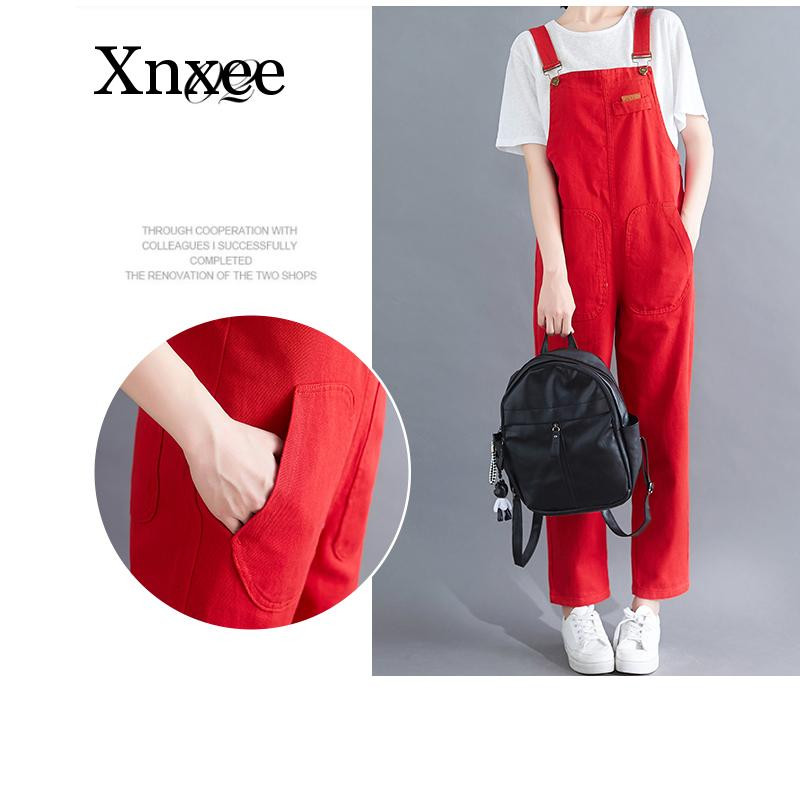 Punased teksased Kombinesid Teksad Naistele Bib Denim Püksid Kombinesoonid Kombinesoonid Naine vabaaja taskud Pikad lahtised poiss-sõbra teksapüksid
