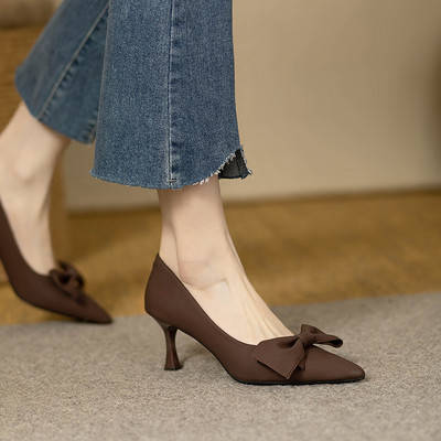 Stil nou femei pompe pantofi cu vârf ascuțit barca cu nod fluture mare toc înalt Office Lady pantofi stiletto pentru femei toamna 1035N