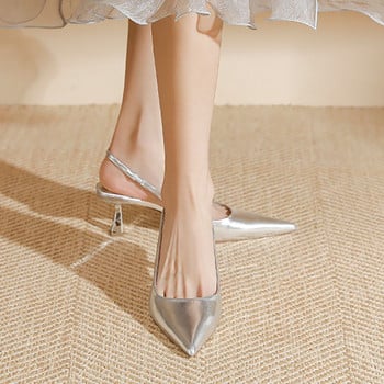 Нови дамски помпи Сребристи сватбени обувки Високи токчета Сандали с остри пръсти Летни обувки Еластични булчински обувки 1423N