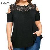 Μπλουζάκι Simplicity Ασπρόμαυρο Plus Size Καλοκαιρινά Ρούχα Γυναικεία Casual δαντελένια συνονθύλευμα κοντά μανίκια από τον ώμο Φαρδιά μπλουζάκια