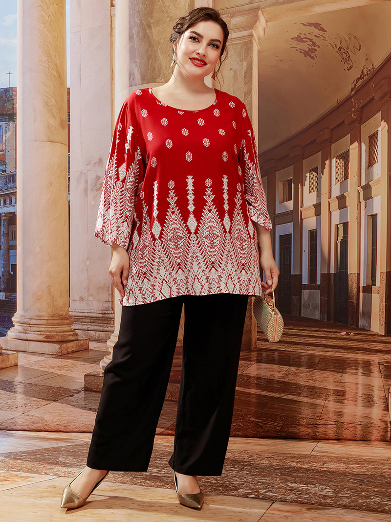 5XL didesnio dydžio moteriški marškinėliai 2022 m. vasaros moteriški ilgomis rankovėmis geometriniais raštais laisvalaikio palaidinės marškinėliai Laisvi negabaritinių viršūnių