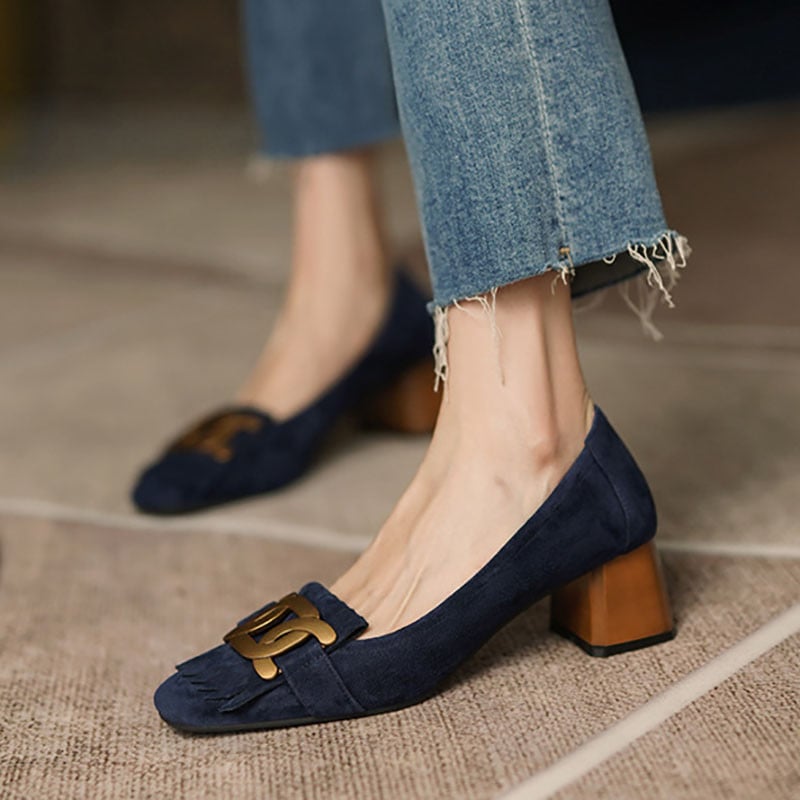 Nové dámske lodičky z imitácie semišu s strapcami, kovové, stredné podpätky, lodičky s dreveným opätkom, nazúvacie, spoločenské topánky, kancelárske topánky, zapatos mujer 1190N