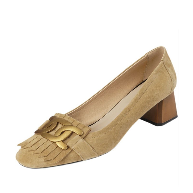 Nové dámske lodičky z imitácie semišu s strapcami, kovové, stredné podpätky, lodičky s dreveným opätkom, nazúvacie, spoločenské topánky, kancelárske topánky, zapatos mujer 1190N