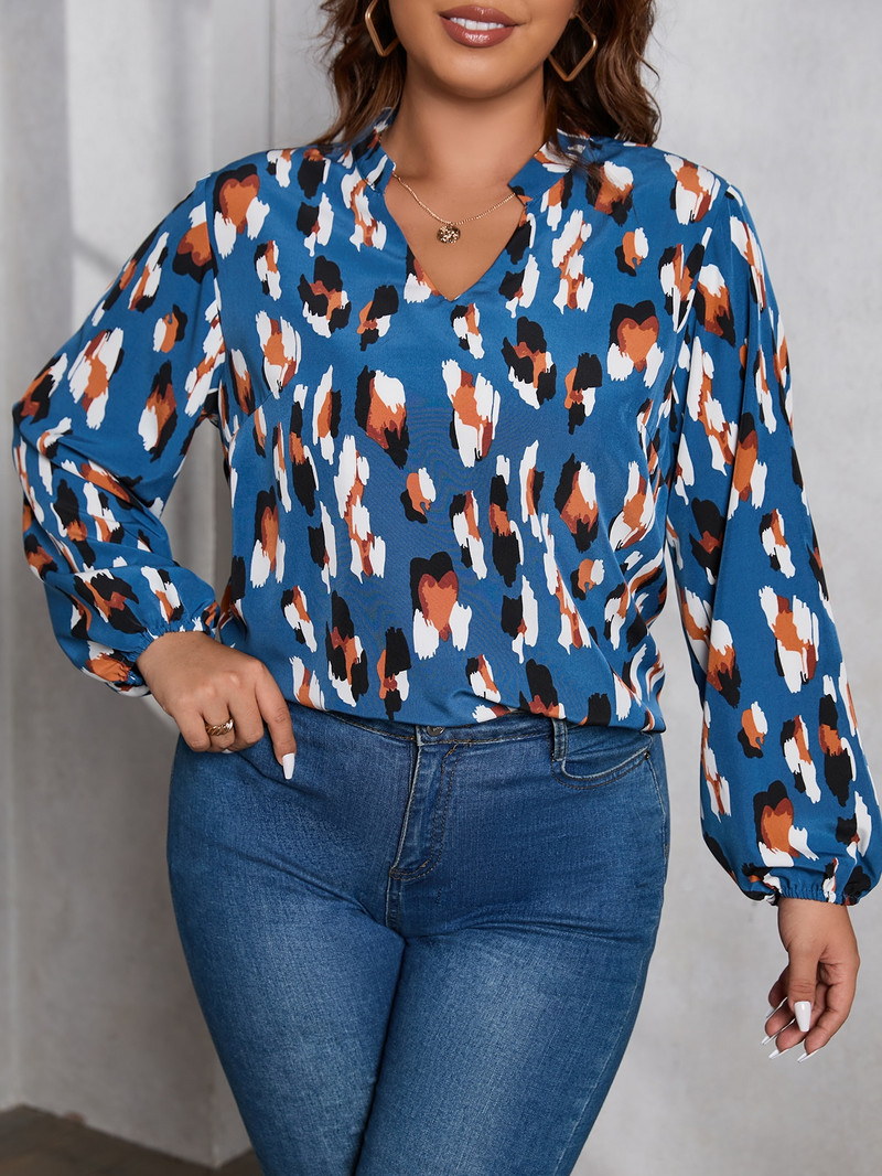 Finjani Ženska bluza većih veličina Cvjetni print s rukavima, ležerna odjeća s V-izrezom za jesen Novo