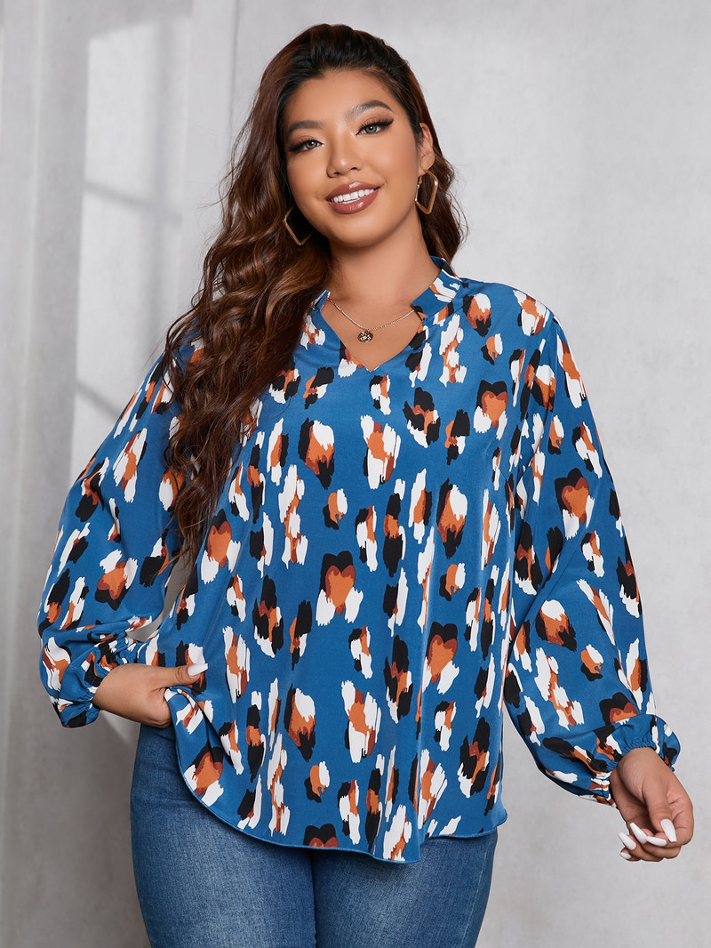 Finjani Ženska bluza većih veličina Cvjetni print s rukavima, ležerna odjeća s V-izrezom za jesen Novo