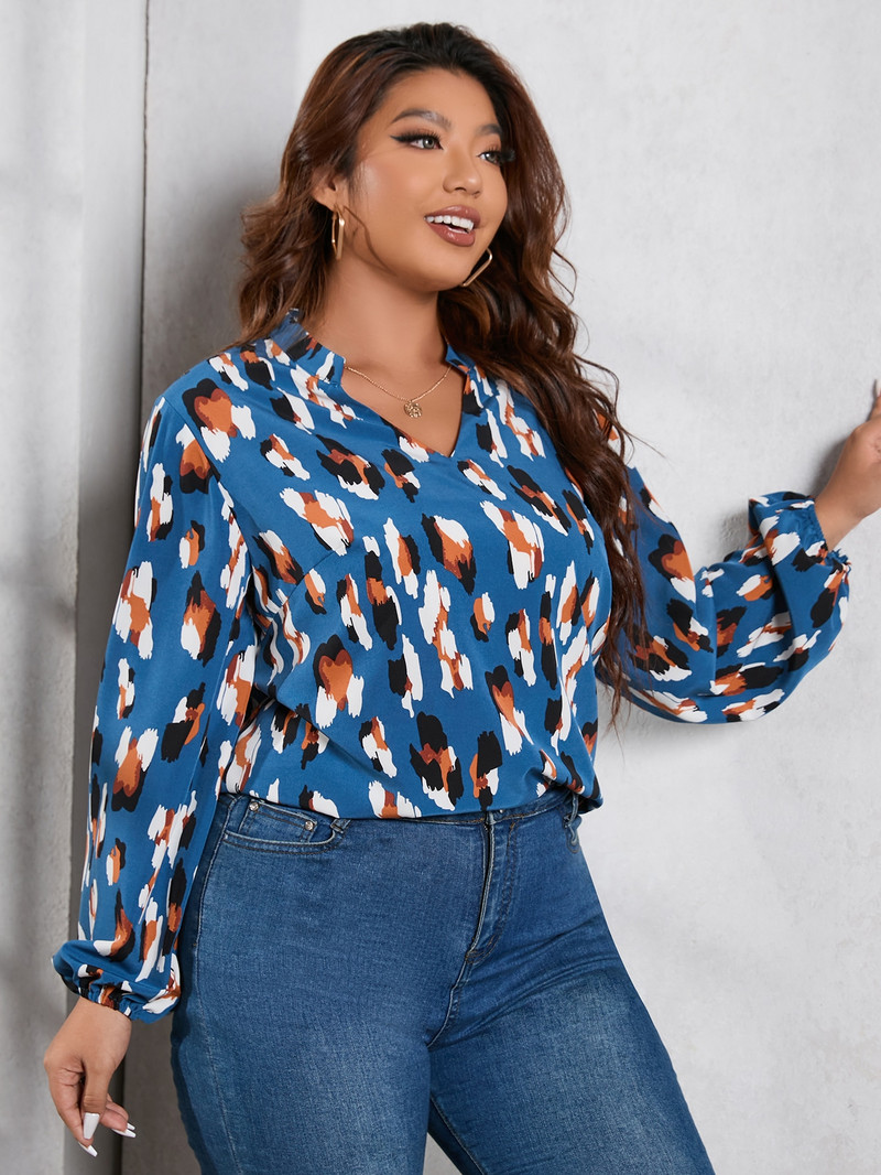 Finjani Ženska bluza većih veličina Cvjetni print s rukavima, ležerna odjeća s V-izrezom za jesen Novo