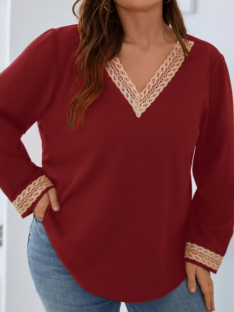 Finjani Îmbrăcăminte pentru femei Bluze Plus Size Burgundy Tricouri elastice slim Fit Top cu decolteu în V din poliester de înaltă calitate
