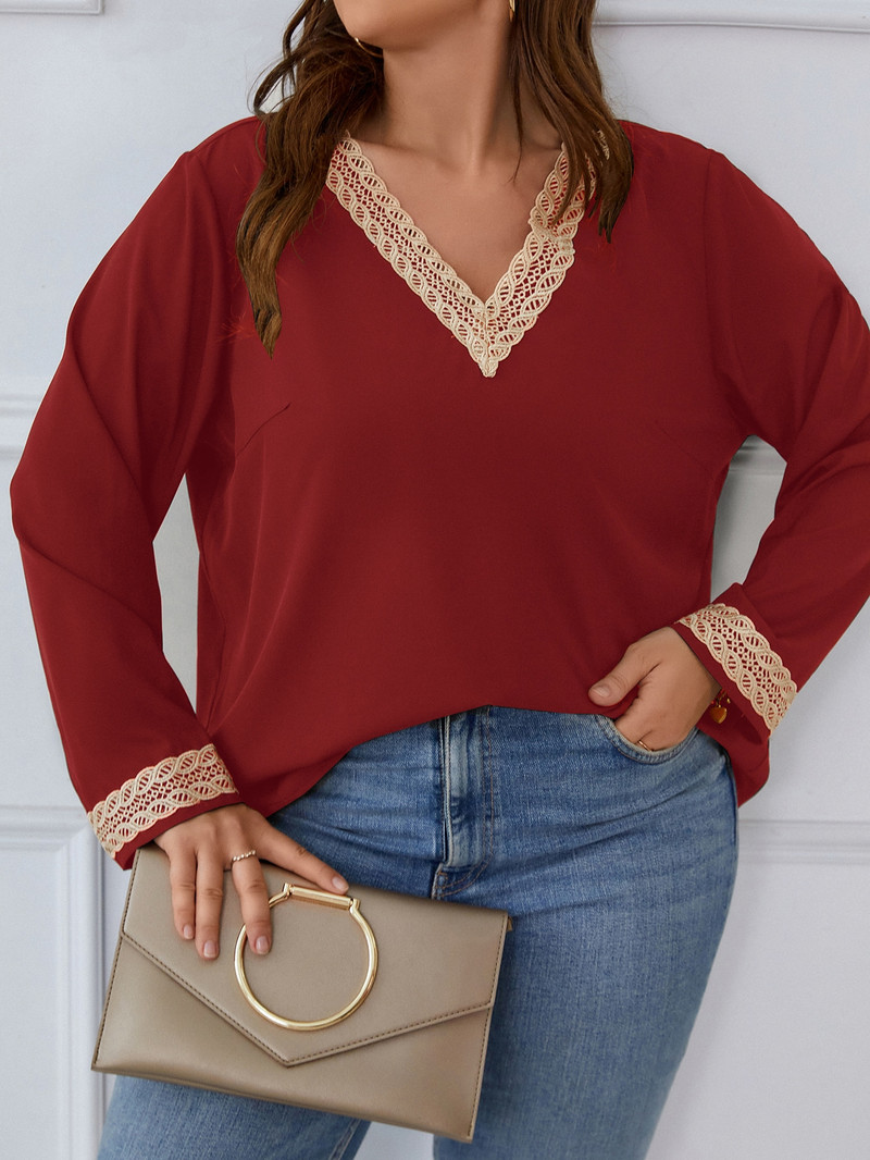 Finjani Îmbrăcăminte pentru femei Bluze Plus Size Burgundy Tricouri elastice slim Fit Top cu decolteu în V din poliester de înaltă calitate