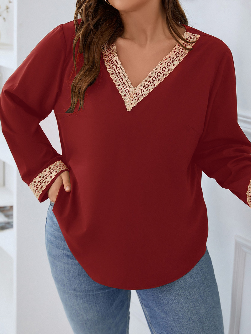 Finjani Îmbrăcăminte pentru femei Bluze Plus Size Burgundy Tricouri elastice slim Fit Top cu decolteu în V din poliester de înaltă calitate