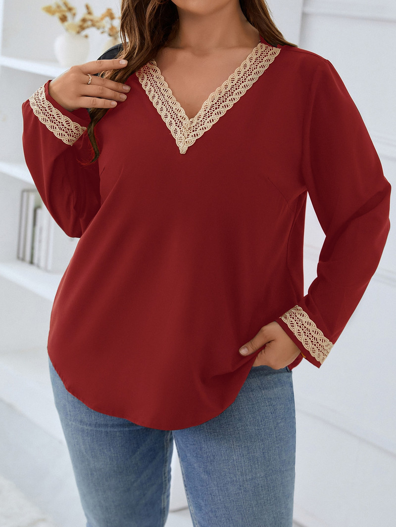 Finjani Îmbrăcăminte pentru femei Bluze Plus Size Burgundy Tricouri elastice slim Fit Top cu decolteu în V din poliester de înaltă calitate