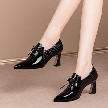Нови дамски голи ботуши Обувки с високи токчета и връзки Лачени офис дамски обувки Змийска кожа Обувки Оксфорд Обувки Brogue 9985N