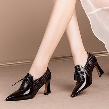 Νέες γυναικείες γυμνές μπότες ψηλοτάκουνα παπούτσια με κορδόνια λουστρίνι Γυναικεία παπούτσια γραφείου Snakeskin Oxford Shoes Brogue Shoe 9985N