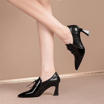 Нови дамски голи ботуши Обувки с високи токчета и връзки Лачени офис дамски обувки Змийска кожа Обувки Оксфорд Обувки Brogue 9985N