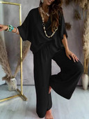 2023. Kompleti dugih hlača Ljetni dvodijelni set Za žene V izrez Šišmiš rukavi Ležerne labave hlače širokih nogavica 2-dijelni set Jednobojna odjeća