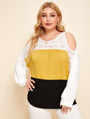Tricou Finjani de mărime mare pentru femei, colorblock din dantelă, cu mânecă lungă, cu decolteu O, îmbrăcăminte ocazională pentru toamnă nou