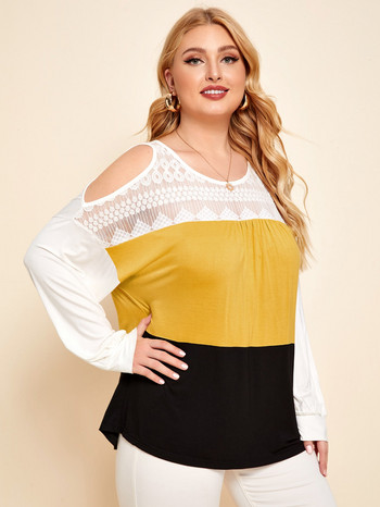 Γυναικείο μπλουζάκι Finjani Plus Size Colorblock Μακρυμάνικο μπλουζάκι με λαιμόκοψη O-neck Ρούχα για το φθινόπωρο Νέο