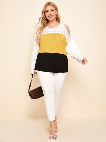 Γυναικείο μπλουζάκι Finjani Plus Size Colorblock Μακρυμάνικο μπλουζάκι με λαιμόκοψη O-neck Ρούχα για το φθινόπωρο Νέο