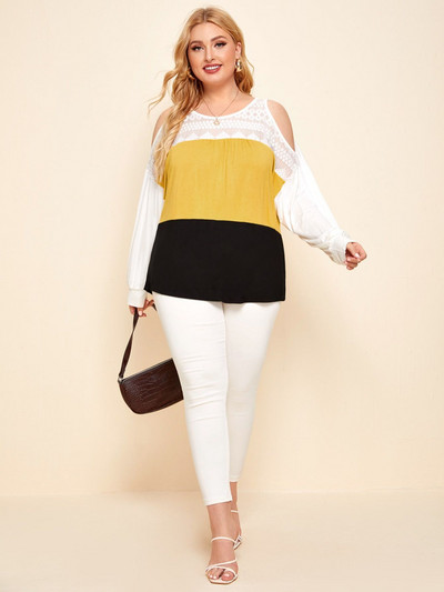 Tricou Finjani de mărime mare pentru femei, colorblock din dantelă, cu mânecă lungă, cu decolteu O, îmbrăcăminte ocazională pentru toamnă nou