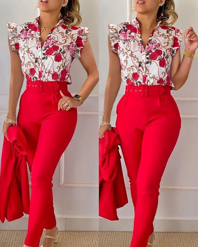 Set cămașă cu mânecă scurtă, pantaloni eleganti, pentru damă, la modă, cu decolteu în V, pantaloni cu volane, cu imprimeu floral, set în două piese, ținută pentru femei 2023