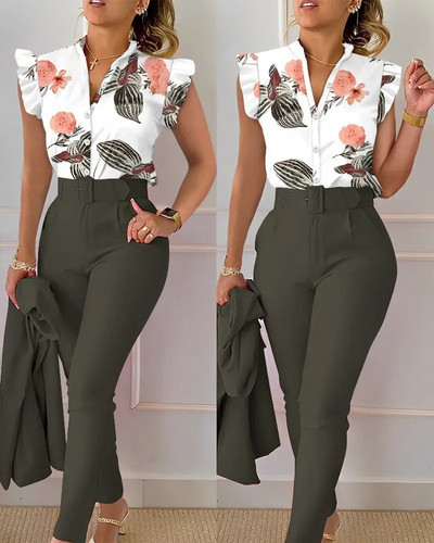 Set cămașă cu mânecă scurtă, pantaloni eleganti, pentru damă, la modă, cu decolteu în V, pantaloni cu volane, cu imprimeu floral, set în două piese, ținută pentru femei 2023