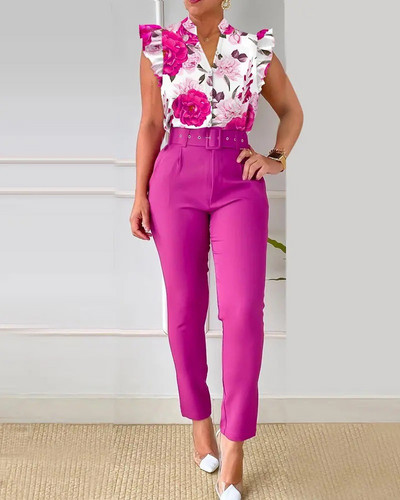 Set cămașă cu mânecă scurtă, pantaloni eleganti, pentru damă, la modă, cu decolteu în V, pantaloni cu volane, cu imprimeu floral, set în două piese, ținută pentru femei 2023