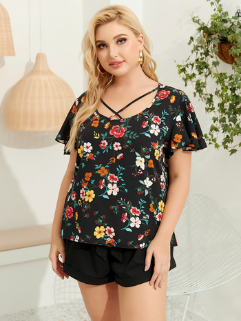 Finjani Plus Size Γυναικεία Μπλούζα Illustration Floral Print Contrast Guipure Top CasualClothing For Autumn New