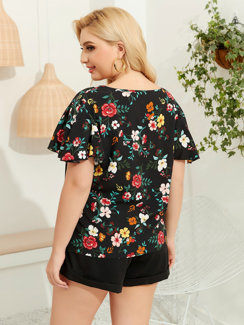 Dámska blúzka Finjani pre väčšie veľkosti, ilustračná kvetinová potlač, kontrastný gipúrový top, ležérne oblečenie na jeseň, nové