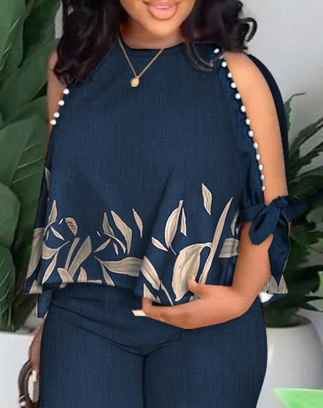 Dvodijelni kompleti ženske odjeće Ljetna moda 2023. Top s biljkama s podijeljenim rukavima i O-izrezom i ležerni komplet hlača s ravnim nogavicama Ulična odjeća