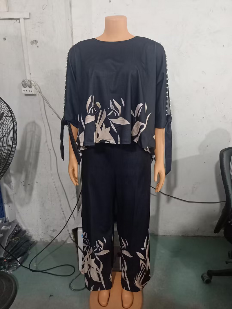 Dvodijelni kompleti ženske odjeće Ljetna moda 2023. Top s biljkama s podijeljenim rukavima i O-izrezom i ležerni komplet hlača s ravnim nogavicama Ulična odjeća