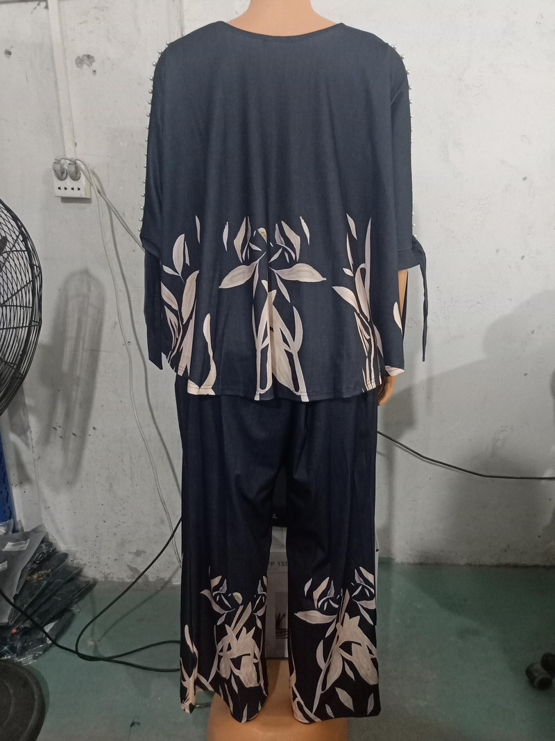 Dvodijelni kompleti ženske odjeće Ljetna moda 2023. Top s biljkama s podijeljenim rukavima i O-izrezom i ležerni komplet hlača s ravnim nogavicama Ulična odjeća