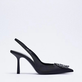 TRAF Дамски черни обувки с висок ток Модни помпи с кристали Ежедневни парти обувки с токчета на токчета Дамски сватбени елегантни сандали на ток