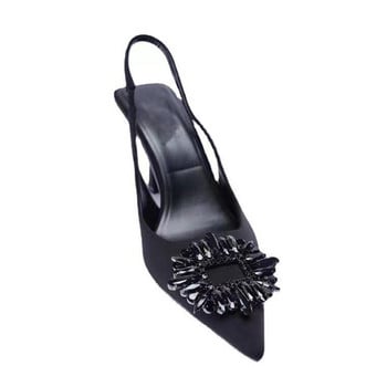 TRAF Дамски черни обувки с висок ток Модни помпи с кристали Ежедневни парти обувки с токчета на токчета Дамски сватбени елегантни сандали на ток