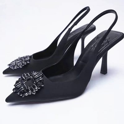 TRAF femei cu toc înalt negru, pantofi cu strass la modă, ocazional, pentru petreceri, pantofi cu tocuri stiletto, pentru nuntă, sandale elegante cu toc