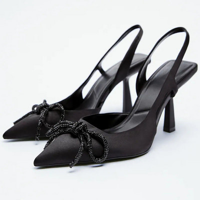 TRAF Dámske čierne vysoké podpätky, módne kamienkové lodičky, ležérne, párty, slingbacks, jehlové podpätky, dámske svadobné elegantné sandále