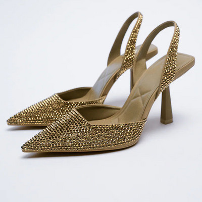 TRAF Dámske čierne vysoké podpätky, módne kamienkové lodičky, ležérne, párty, slingbacks, jehlové podpätky, dámske svadobné elegantné sandále