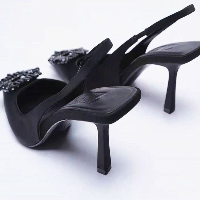 TRAF Dámske čierne vysoké podpätky, módne kamienkové lodičky, ležérne, párty, slingbacks, jehlové podpätky, dámske svadobné elegantné sandále