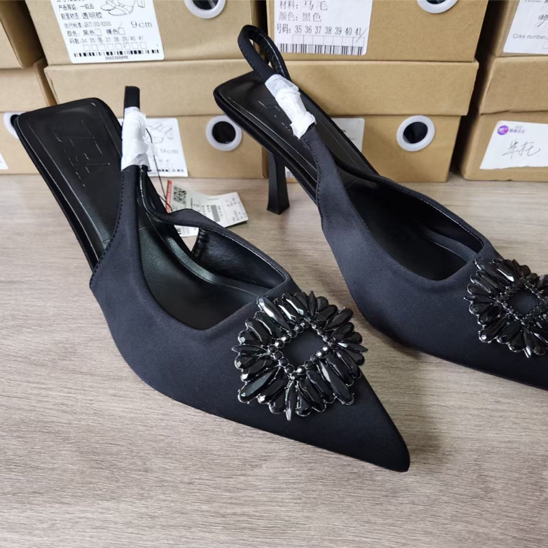 TRAF Dámske čierne vysoké podpätky, módne kamienkové lodičky, ležérne, párty, slingbacks, jehlové podpätky, dámske svadobné elegantné sandále