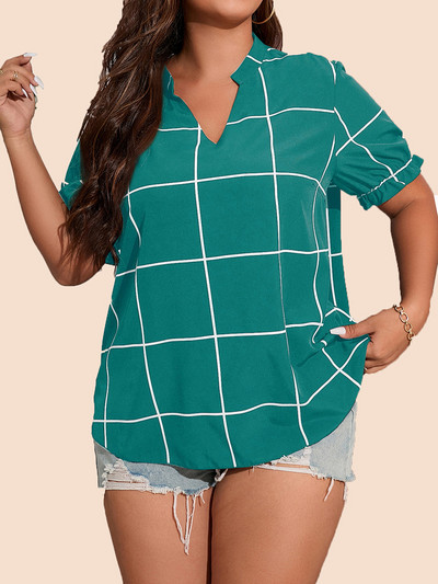 Bluze polo în carouri cu dungi Finjani de marime mare Tricouri subțiri cu elastic pentru damă de birou Nou top cu mânecă scurtă din poliester