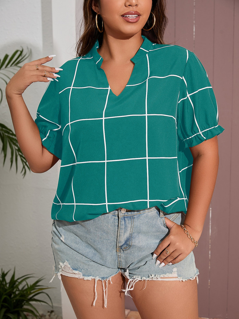 Bluze polo în carouri cu dungi Finjani de marime mare Tricouri subțiri cu elastic pentru damă de birou Nou top cu mânecă scurtă din poliester