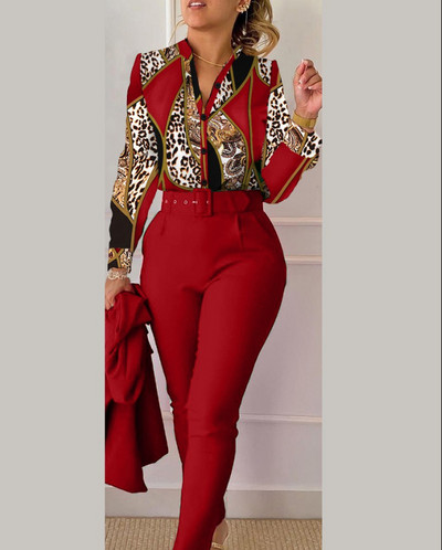 Set pantaloni ocazional cămașă cu mânecă lungă Office Lady Fashion Eleganti cu decolteu în V Pantaloni cu imprimeu floral Set două piese ținută pentru femei 2023