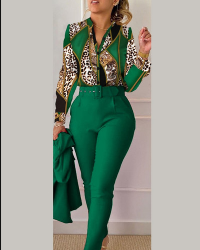 Set pantaloni ocazional cămașă cu mânecă lungă Office Lady Fashion Eleganti cu decolteu în V Pantaloni cu imprimeu floral Set două piese ținută pentru femei 2023