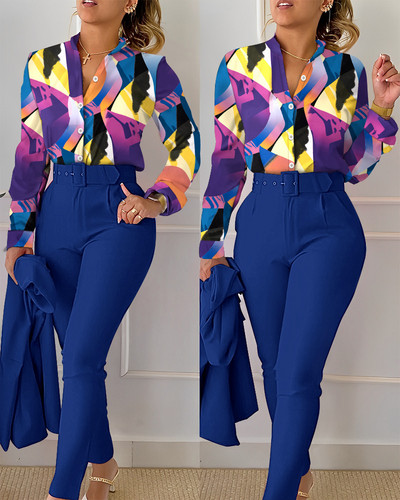 Set pantaloni ocazional cămașă cu mânecă lungă Office Lady Fashion Eleganti cu decolteu în V Pantaloni cu imprimeu floral Set două piese ținută pentru femei 2023