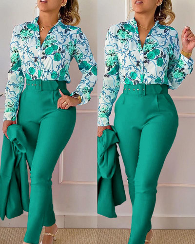 Set pantaloni ocazional cămașă cu mânecă lungă Office Lady Fashion Eleganti cu decolteu în V Pantaloni cu imprimeu floral Set două piese ținută pentru femei 2023